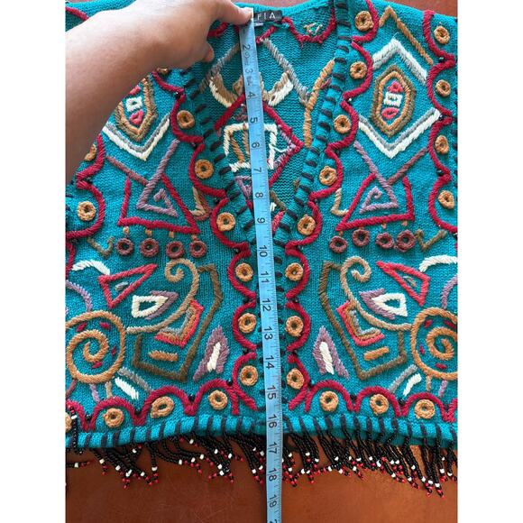 Vintage Knit Vest L Rafia Teal Geometric Beaded Fringe Boho 80s 90s Rare - Picture 4 of 7